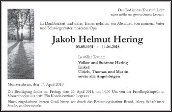 Traueranzeige von Jakob Helmut Hering von Trauerportal Rhein Main Presse