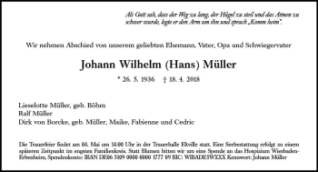 Traueranzeige von Johann Wilhelm Müller von Trauerportal Rhein Main Presse