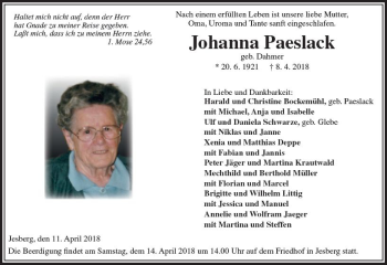 Traueranzeige von Johanna Paeslack von VRM Trauer
