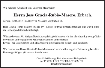 Traueranzeige von Jose Gracia-Rubio-Masero von Trauerportal Rhein Main Presse