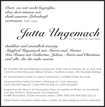 Traueranzeige von Jutta Ungemach von Trauerportal Rhein Main Presse