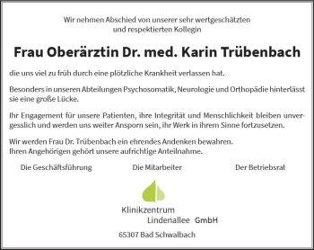 Traueranzeige von Karin Trübenbach von Trauerportal Rhein Main Presse