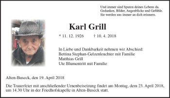 Traueranzeige von Karl Grill von  Gießener Anzeiger