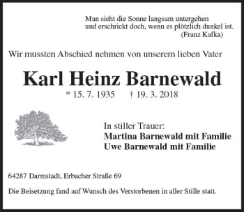 Traueranzeige von Karl Heinz Barnewald von Trauerportal Rhein Main Presse