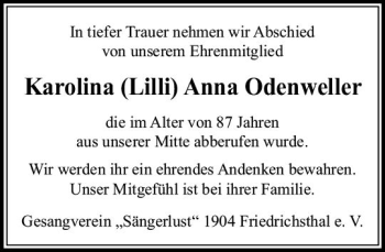 Traueranzeige von Karolina Anna Odenweller von  Usinger Anzeiger