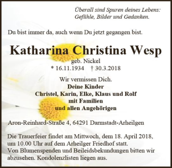 Traueranzeige von Katharina  Christina Wesp von Trauerportal Rhein Main Presse