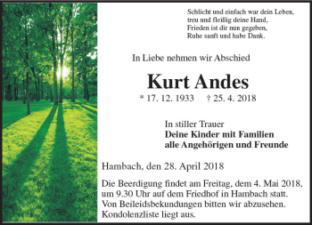 Traueranzeige von Kurt Andes von Trauerportal Rhein Main Presse
