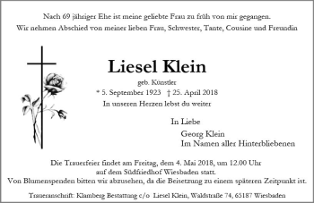 Traueranzeige von Liesel Klein von Trauerportal Rhein Main Presse