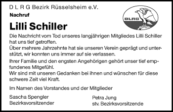 Traueranzeige von Lilli Schiller von Trauerportal Rhein Main Presse