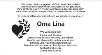 Traueranzeige von Lina  von  Kreisanzeiger