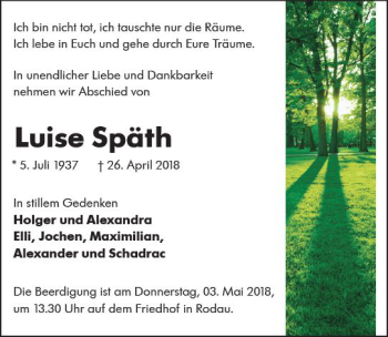 Traueranzeige von Luise Späth von Trauerportal Rhein Main Presse