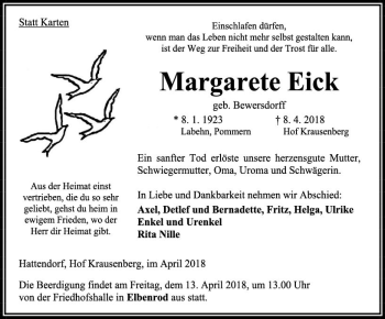 Traueranzeige von Margarete Eick von VRM Trauer