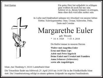 Traueranzeige von Margarete Euler von VRM Trauer