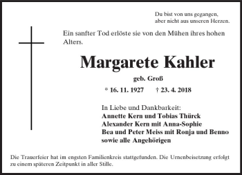 Traueranzeige von Margarete Kahler von  Kreisanzeiger
