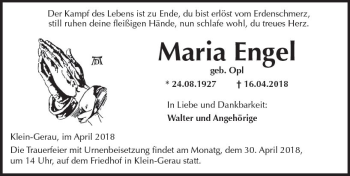 Traueranzeige von Maria Engel von Trauerportal Rhein Main Presse