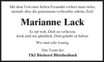 Traueranzeige von Marianne Lack von  Kreisanzeiger
