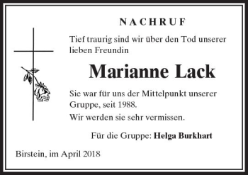 Traueranzeige von Marianne Lack von  Kreisanzeiger
