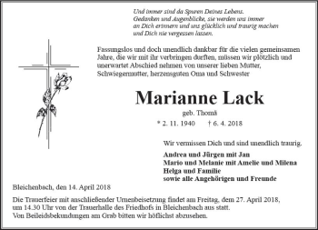 Traueranzeige von Marianne Lack von  Kreisanzeiger