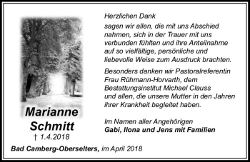 Traueranzeige von Marianne Schmitt von  Camberger Anzeiger