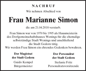 Traueranzeige von Marianne Simon von  Kreisanzeiger