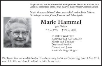 Traueranzeige von Marie Hammel von Trauerportal Rhein Main Presse