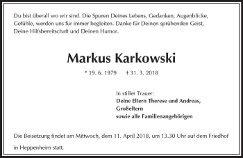 Traueranzeige von Markus Karkowski von Trauerportal Rhein Main Presse