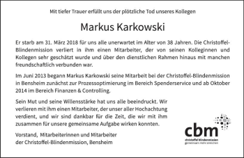 Traueranzeige von Markus Karkowski von Trauerportal Rhein Main Presse