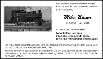 Traueranzeige von Mike Bauer von Trauerportal Rhein Main Presse
