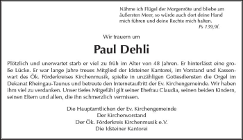 Traueranzeige von Paul Dehli von Trauerportal Rhein Main Presse