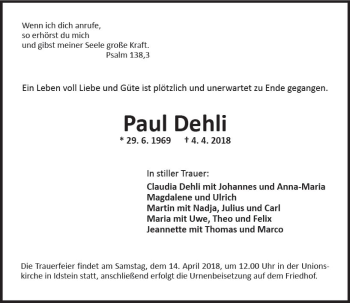 Traueranzeige von Paul Dehli von Trauerportal Rhein Main Presse