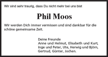 Traueranzeige von Phil Moos von Trauerportal Rhein Main Presse