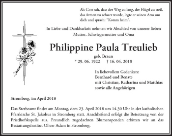Traueranzeige von Philippine Paula Treulieb von Trauerportal Rhein Main Presse