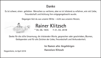 Traueranzeige von Rainer Klitzsch von Trauerportal Rhein Main Presse