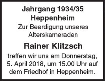 Traueranzeige von Rainer Klitzsch von Trauerportal Rhein Main Presse