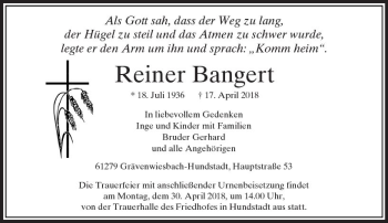Traueranzeige von Reiner Bangert von  Usinger Anzeiger