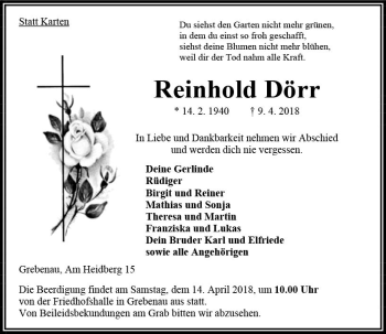 Traueranzeige von Reinhold Dörr von VRM Trauer