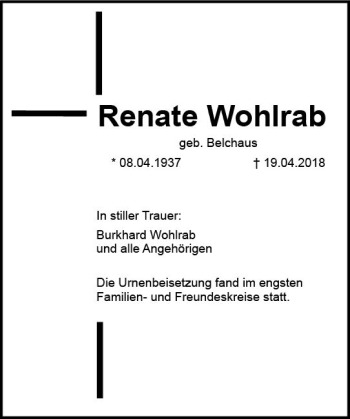 Traueranzeige von Renate Wohlrab von Trauerportal Rhein Main Presse