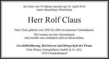Traueranzeige von Rolf Claus von VRM Trauer