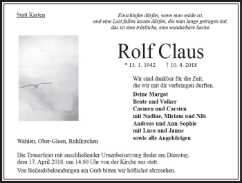 Traueranzeige von Rolf Claus von VRM Trauer