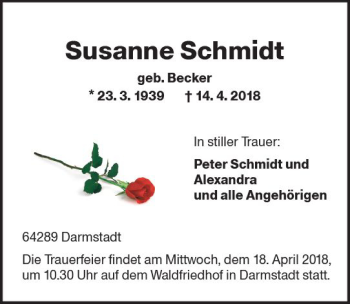 Traueranzeige von Susanne Schmidt von Trauerportal Rhein Main Presse