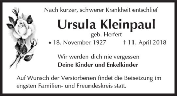 Traueranzeige von Ursula Kleinpaul von Trauerportal Rhein Main Presse