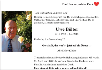 Traueranzeige von Uwe Bülter von Trauerportal Rhein Main Presse