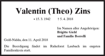 Traueranzeige von Valentin Zins von  Kreisanzeiger