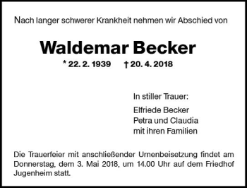 Traueranzeige von Waldemar Becker von Trauerportal Rhein Main Presse