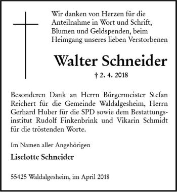 Traueranzeige von Walter Schneider von Trauerportal Rhein Main Presse