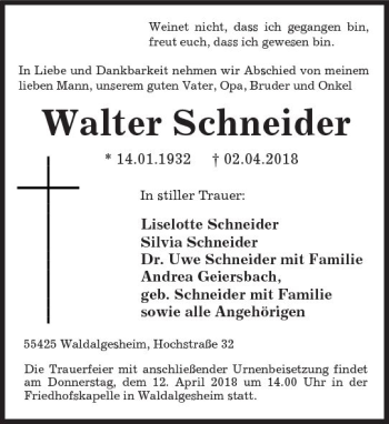 Traueranzeige von Walter Schneider von Trauerportal Rhein Main Presse