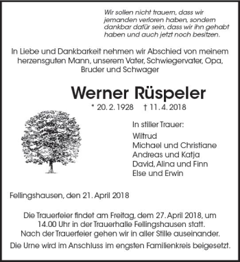 Traueranzeige von Werner Rüspeler von  Gießener Anzeiger
