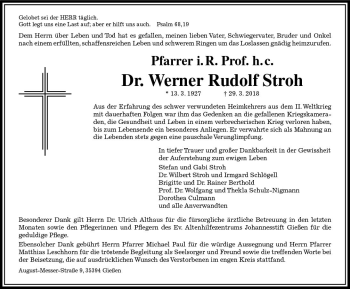 Traueranzeige von Werner Rudolf Stroh von  Gießener Anzeiger