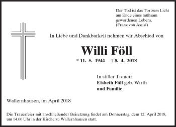 Traueranzeige von Willi Föll von  Kreisanzeiger