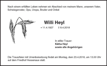 Traueranzeige von Willi Heyl von Trauerportal Rhein Main Presse
